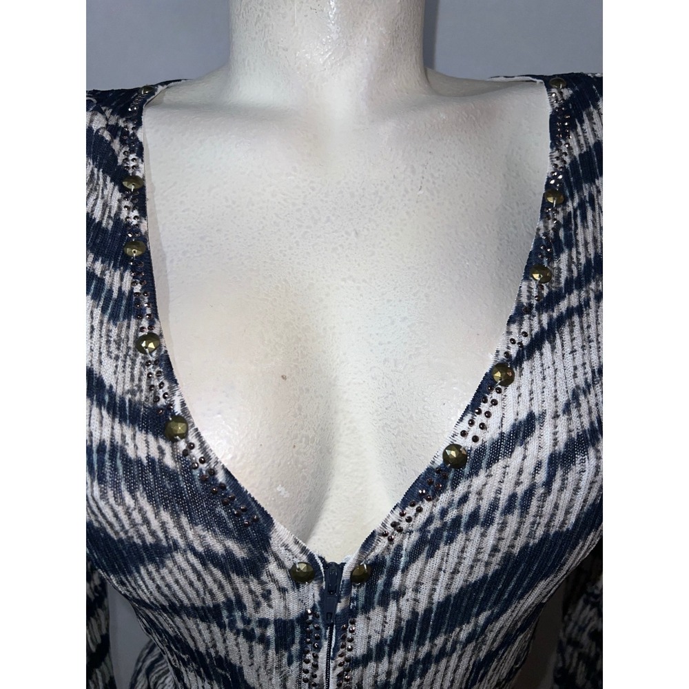 Alberto Makali Zebra Print Studded Rhinestone Zip Front Ribbed Knit Top XL Navy - Picture 2 of 8